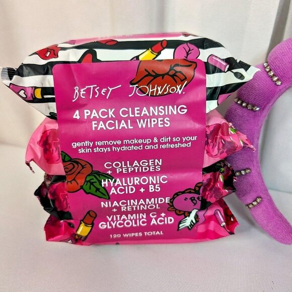 Betsey Johnson Purple Beaded Spa Headband And Facial Wipes Collagen NWT - Picture 3 of 4